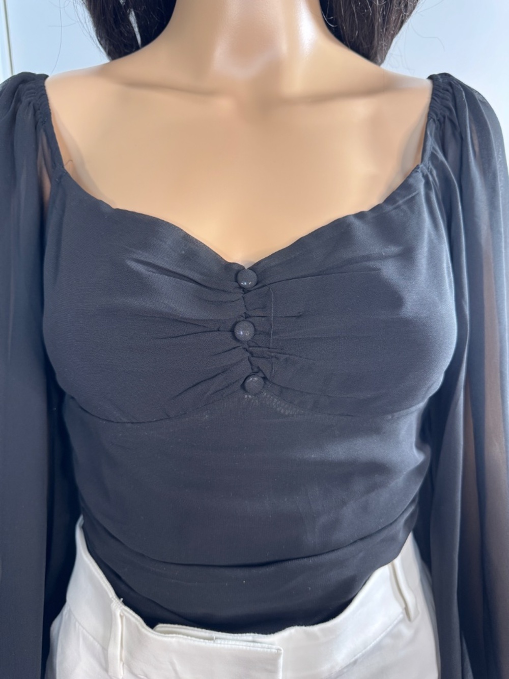 BLACK SHEER BALLOON SLEEVE BODYSUIT WITH SWEETHEART NECKLINE SIZE LARGE - Picture 5 of 15